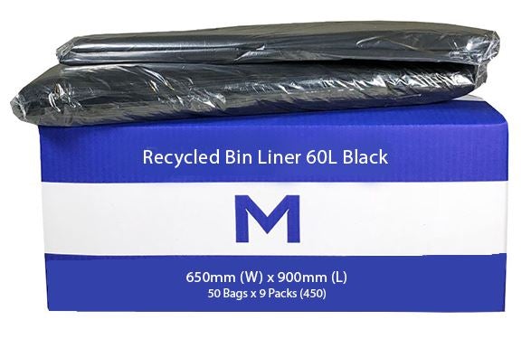 FP Recycled Bin Liner 60L - Black, 650mm x 900mm x 30mu (450) Per Box - Cafe Supply