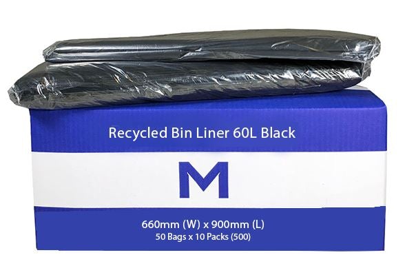 FP Recycled Bin Liner 60L - Black, 660mm x 900mm x 20mu (500) Per Box - Cafe Supply