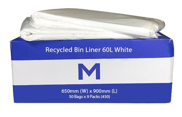 FP Recycled Bin Liner 60L - White, 650mm x 900mm x 30mu (450) Per Box - Cafe Supply