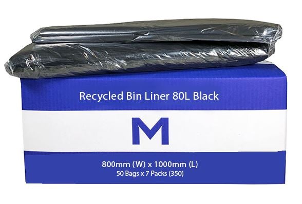 FP Recycled Bin Liner 80L - Black, 800mm x 1000mm x 25mu (350) Per Box - Cafe Supply