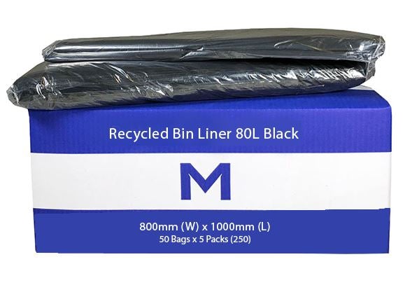 FP Recycled Bin Liner 80L - Black, 800mm x 1000mm x 35mu (250) Per Box - Cafe Supply