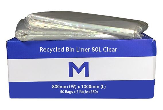 FP Recycled Bin Liner 80L - Clear, 800mm x 1000mm x 25mu (350) Per Box - Cafe Supply