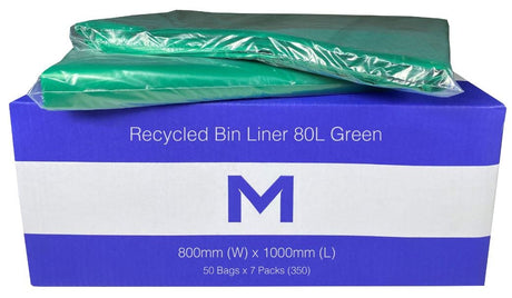 FP Recycled Bin Liner 80L - Green, 800mm x 1000mm x 25mu (350) Per Box - Cafe Supply