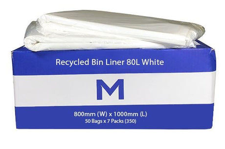 FP Recycled Bin Liner 80L - White, 800mm x 1000mm x 25mu (350) Per Box - Cafe Supply