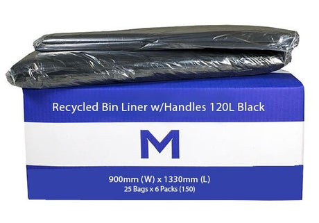 FP Recycled Bin Liner w/Handles 120L - Black, 900mm x 1330mm x 30mu (200) Per Box - Cafe Supply