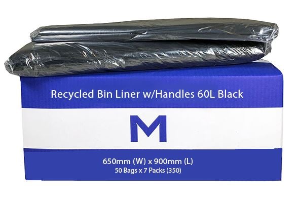 FP Recycled Bin Liner w/Handles 60L - Black, 650mm x 900mm x 30mu (350) Per Box - Cafe Supply