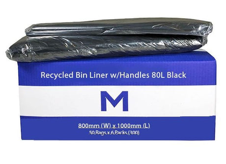 FP Recycled Bin Liner w/Handles 80L - Black, 800mm x 1000mm x 30mu (300) Per Box - Cafe Supply
