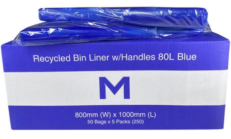 FP Recycled Bin Liner w/Handles 80L - Blue, 800mm x 1000mm x 40mu (250) Per Box - Cafe Supply