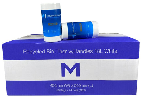 POR Recycled Bin Liner w/Handles 18L - White, 450mm x 500mm x 15mu (1200) Per Box - Cafe Supply