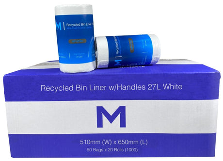 POR Recycled Bin Liner w/Handles 27L - White, 510mm x 650mm x 15mu (1000) Per Box - Cafe Supply