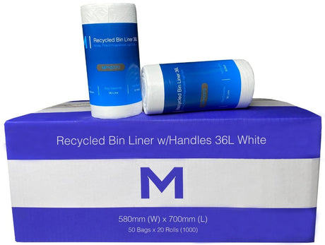 POR Recycled Bin Liner w/Handles 36L - White, 580mm x 700mm x 15mu (1000) Per Box - Cafe Supply