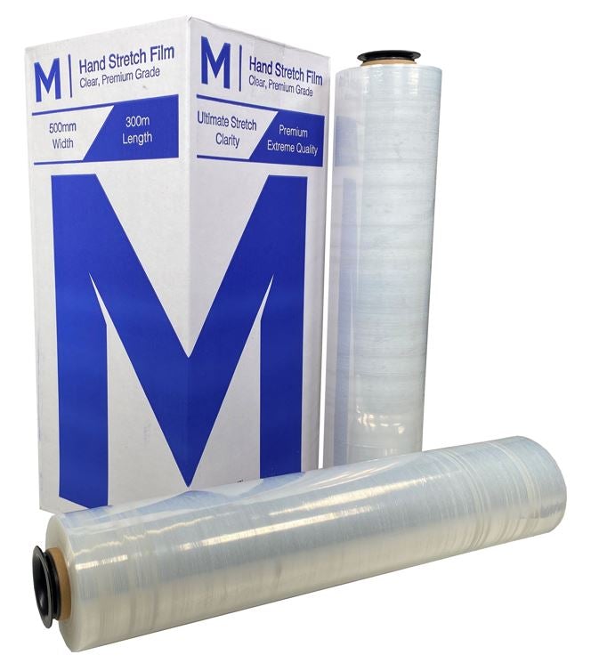 Premium Hand Stretch Film - Clear, 500mm x 300m x 23mu (4) + 4 Free End Caps Per Box - Cafe Supply