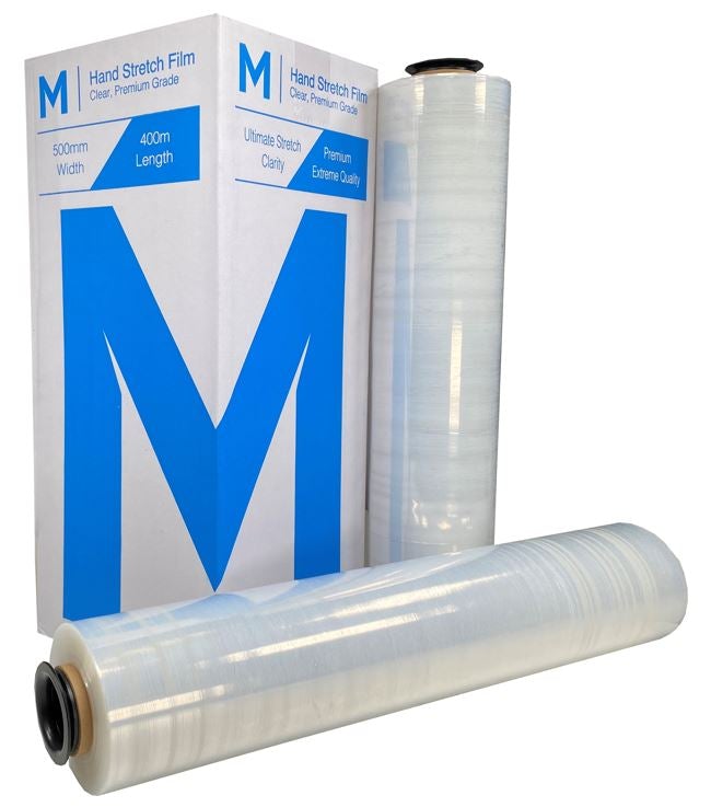 Premium Hand Stretch Film - Clear, 500mm x 400m x 15mu (4) + 4 Free End Caps Per Box - Cafe Supply