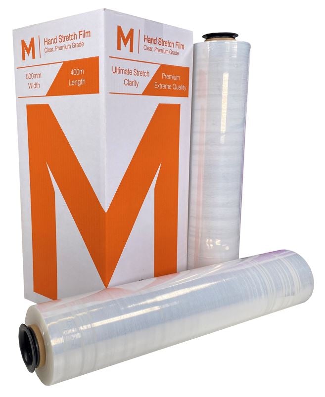 Premium Hand Stretch Film - Clear, 500mm x 400m x 17mu (4) + 4 Free End Caps Per Box - Cafe Supply