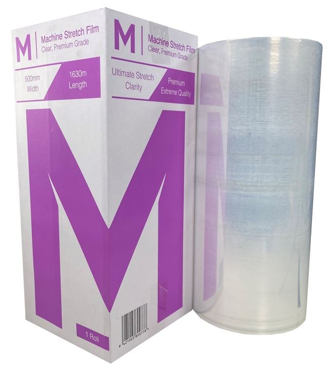 Premium Machine Stretch Film - Clear, 500mm x 1630m x 20mu (1) Per Box - Cafe Supply