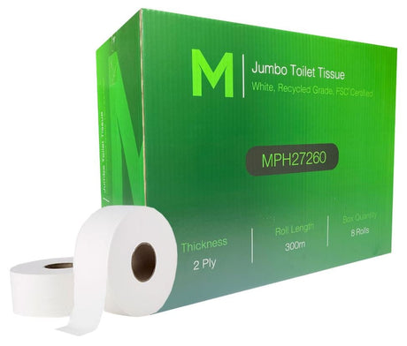Recycled Jumbo Toilet Tissue Boxed - White, 2 Ply, 300m (8) Per Box - Cafe Supply