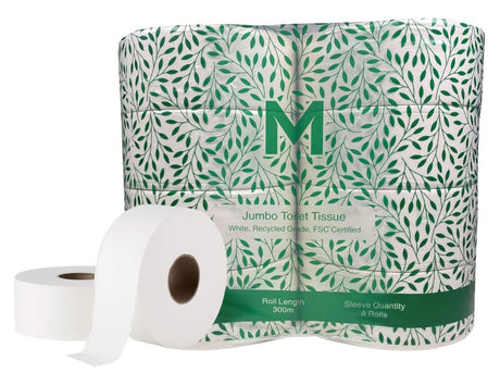 Recycled Jumbo Toilet Tissue Pack - White, 2 Ply, 300m (8) Per Pack - Cafe Supply