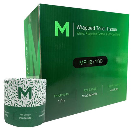 Recycled Wrapped Toilet Tissue - White, 1 Ply, 1000 Sheets (48) Per Box - Cafe Supply