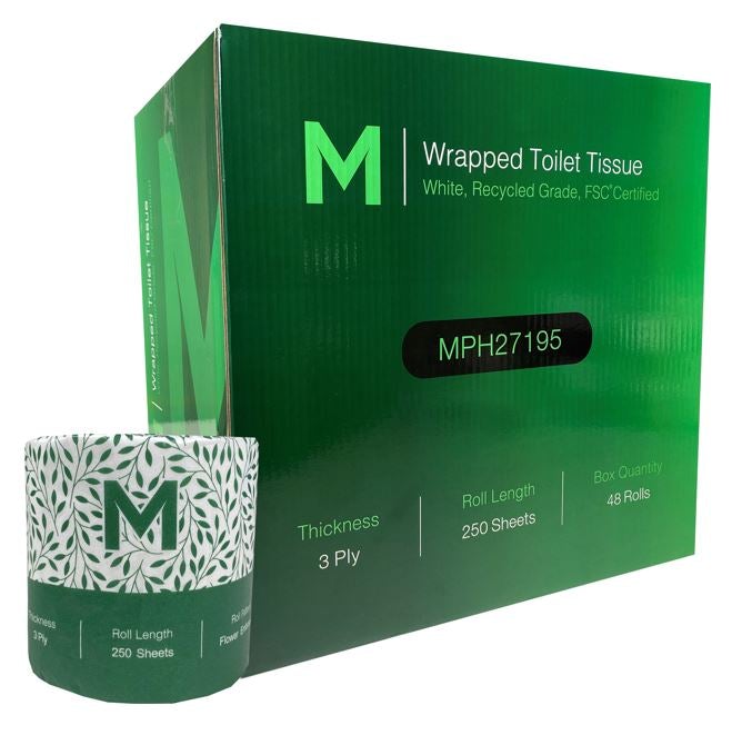 Recycled Wrapped Toilet Tissue - White, 3 Ply, 250 Sheets (48) Per Box - Cafe Supply