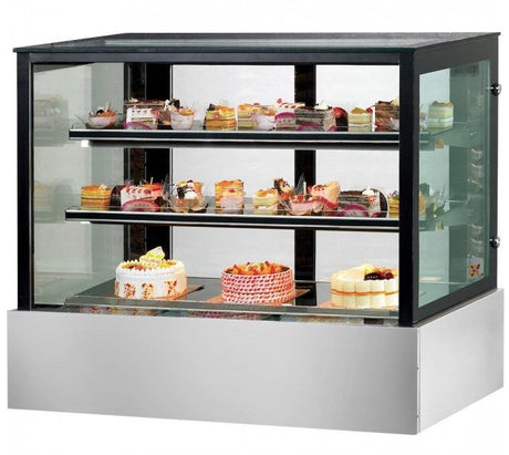 SSU90-2XB Black Trim Square Glass Cake Display 2 Shelves 900x700x1100 - Cafe Supply