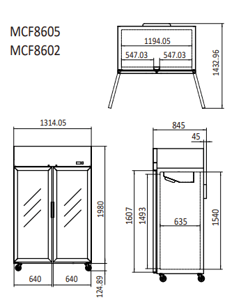 TOP MOUNTED 2 DOOR FRIDGE SHOWCASE 1314 MM MCF8605 - Cafe Supply