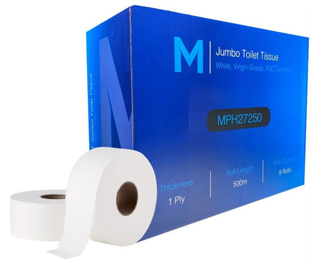 Virgin Jumbo Toilet Tissue Boxed - White, 1 Ply, 500m (8) Per Box - Cafe Supply