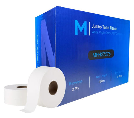 Virgin Jumbo Toilet Tissue Boxed - White, 2 Ply, 300m (8) Per Box - Cafe Supply