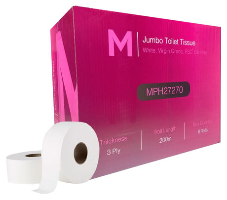 Virgin Jumbo Toilet Tissue Boxed - White, 3 Ply, 200m (8) Per Box - Cafe Supply